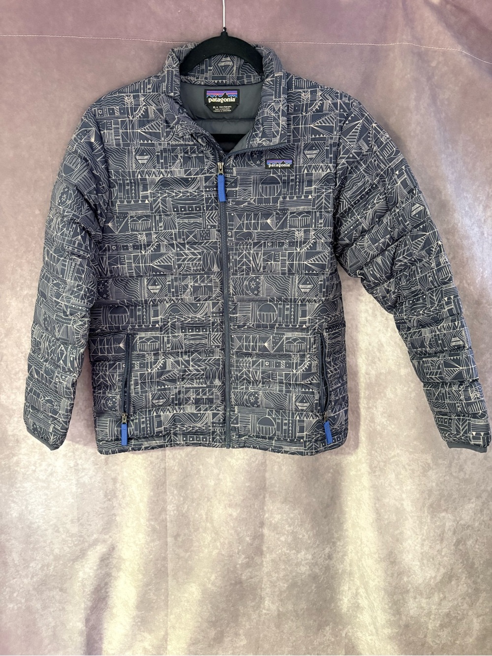 Patagonia Kids Navy Gray Geometric Puffer Jacket Size XL 14